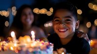 Young Latino boy smiling at birthday party with lit candles and bokeh lights creating magical atmosphere, celebration moment captured in warm evening setting.