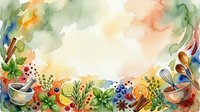 Watercolor illustration of culinary herbs, spices, and cooking ingredients arranged in a circular frame with mortar and pestle, ideal for recipe blogs, cookbooks, and food-related designs.