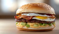 Juicy beef burger with crispy bacon, sunny side up egg, fresh lettuce, melted cheese and sesame seed bun on wooden surface against blurred background.