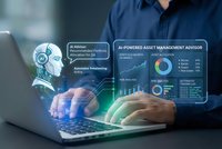 Professional businessman using laptop with AI-powered asset management advisor interface displaying financial analytics and automated rebalancing features.