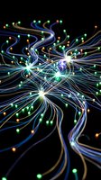 Abstract fiber optic cables with glowing nodes creating dynamic light trails and energy flow patterns on black background for technology concepts.