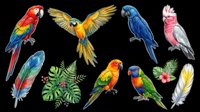 Colorful parrots and macaws isolated on transparent background, ready for t-shirt design, clipart, stickers, sublimation, and print-on-demand projects.