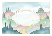 Watercolor fairy tale landscape with oval frame, rolling hills, castle, winding path and flying birds for storybook design and children's illustration.