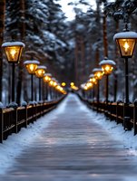 Illuminated pathway through snowy winter forest with glowing vintage lanterns creating magical atmosphere. Snow covered walkway leads into dark woods.