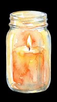 Watercolor candle in glass jar with burning flame, isolated on transparent background. Ready for t-shirt designs, clipart, stickers, print-on-demand products, and sublimation projects.