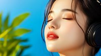 Young Asian woman with red lipstick and closed eyes wearing headphones against blue background with green tropical leaves, expressing serenity and enjoyment of music.