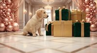 Cream-colored dog sitting beside wrapped gift boxes in elegant hallway decorated with rose gold balloons and festive ribbons for holiday celebrations.