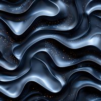 Mesmerizing wavy pattern with metallic silver curves flowing against dark cosmic background, scattered with golden sparkles and starry elements. Seamless design.