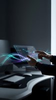 Hands of a person with dark skin tone interacting with a holographic tablet displaying digital interface with glowing cyan and purple light waves, representing futuristic technology and innovation.
