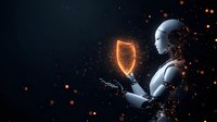 Futuristic android holding glowing orange shield with particles and light effects on dark background, cybersecurity and AI protection concept.