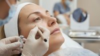 Middle-aged Caucasian woman receiving professional facial injection treatment at modern medical spa clinic with cosmetic procedure equipment.
