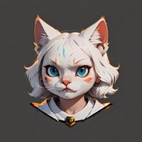 White-haired feline character with bright blue eyes and distinctive orange markings wearing a collar with pendant against dark background. Stylized fantasy art portrait.