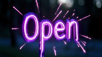 Glowing purple neon open sign with radiating light beams against dark background, creating vibrant nighttime ambiance for business and retail displays.