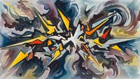 Dynamic abstract explosion with radiating geometric shapes in vibrant yellow, orange colors against swirling smoky background for modern design projects.