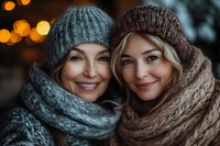 Two smiling Caucasian women wearing cozy winter knit accessories pose together outdoors with warm bokeh lights in background creating festive holiday atmosphere.