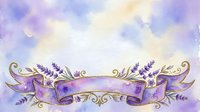 Ornate purple ribbon banner with lavender sprigs and gold flourishes on soft watercolor background, suitable for invitations, greeting cards, and decorative design projects.