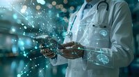 Doctor using digital tablet with futuristic medical network interface displaying connected healthcare data and technology innovations.