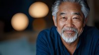Senior Asian man with gray beard and hair wearing navy sweater smiling warmly at camera against dark background with soft bokeh lights creating peaceful atmosphere.
