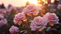 Delicate pink roses blooming in garden at sunset, soft petals glowing in golden hour light with dreamy bokeh background, romantic floral nature photography.