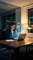 Professional businesswoman analyzing financial data with holographic charts and growth metrics in modern office environment at night.