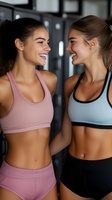Two happy young women in colorful sportswear laughing together after workout at modern gym. Fitness friendship and motivation concept for wellness lifestyle.
