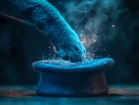 Curious black cat paw touching magical glowing bowl with sparkles and mystical blue light in dark atmospheric setting, creating enchanting fantasy scene.