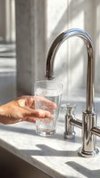 Hand filling glass with fresh water from modern chrome faucet in sunlit kitchen with marble countertop.