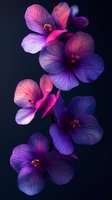 Vibrant purple and pink hibiscus flowers with delicate veining against dark background showcase dramatic lighting and gradient color transitions. Macro photography reveals details.