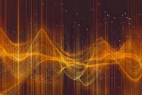 Golden energy waves flowing with digital particles and light streaks on dark background for technology and science concepts.
