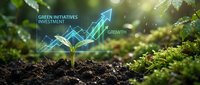 Young seedling sprouting from soil with upward trending graph overlay showing green initiatives investment and growth metrics for sustainable business development.