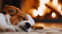 Adorable Jack Russell terrier puppy sleeping peacefully by warm fireplace with bokeh lights in background, creating cozy home atmosphere.