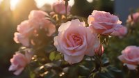 Pink roses blooming in garden at sunset with golden sunlight streaming through petals, creating romantic atmosphere and natural lens flare effect.