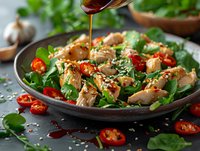 Fresh Asian-inspired chicken salad with sesame dressing being poured over tender meat strips, baby spinach, and sliced red chilies, garnished with sesame seeds for healthy meal prep.