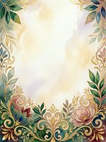 Ornate floral frame with watercolor leaves and decorative scrollwork borders on cream background, isolated design element for invitations, cards, and wedding stationery projects.