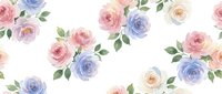 Watercolor roses seamless pattern with pink blue and cream flowers on white background. Floral repeat design for fabric wallpaper scrapbooking wedding invitations.