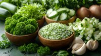 Fresh green vegetables and chopped herbs in wooden bowls with garlic and cucumber slices arranged on dark surface, macro food photography.