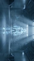 Digital human figure composed of glowing particles and light streams against blurred server room background, representing artificial intelligence, data processing, and technology innovation.