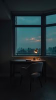 Minimalist workspace with desk lamp illuminated at dusk, overlooking urban skyline through large windows, modern office interior with contemporary furniture and city lights at twilight.