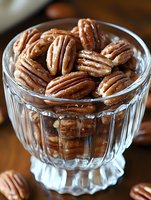 Fresh roasted pecan nuts in vintage crystal glass on wooden table, macro food photography with selective focus showing detailed texture and shine.