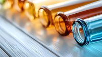Glass test tubes in orange and blue tones arranged in row on reflective surface with dramatic lighting and shallow depth of field, suitable for medical research concepts.