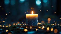 Glowing decorative candle with gradient blue and gold glitter surface against dark background with bokeh lights and sparkles creating magical atmosphere.