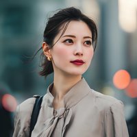Young Asian businesswoman in beige blouse looking confidently ahead in modern urban setting with bokeh lights for professional corporate content.