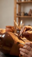 Skilled craftsman hands carving detailed wooden sculpture in warm pottery workshop with traditional tools and ceramic vessels on shelves in background.
