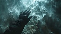 Mystical gloved hand reaching towards swirling ethereal smoke against dark background, creating dramatic supernatural atmosphere with teal and turquoise tones.