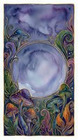 Watercolor illustration featuring ornate art nouveau frame with mystical mushrooms, swirling botanical elements, and ethereal purple sky. Isolated design ready for posters, cards, and prints.