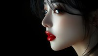 Side profile portrait of young Asian woman with bright red lipstick and pale skin against dark background, dramatic lighting emphasizes facial features.