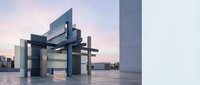 Modern geometric steel structure with abstract architectural forms on reflective plaza at sunset, suitable for contemporary design, corporate branding, and architectural visualization projects.