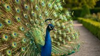 Magnificent male peacock displaying vibrant blue and green plumage with ornate tail feathers spread in full courtship pose outdoors.