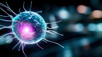 Microscopic virus cell with spikes glowing in purple and blue colors against blurred laboratory background for medical research and healthcare education.