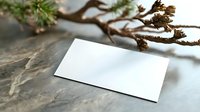 Blank white business card mockup on stone surface with dried plant branch creating natural shadow. For branding presentation.